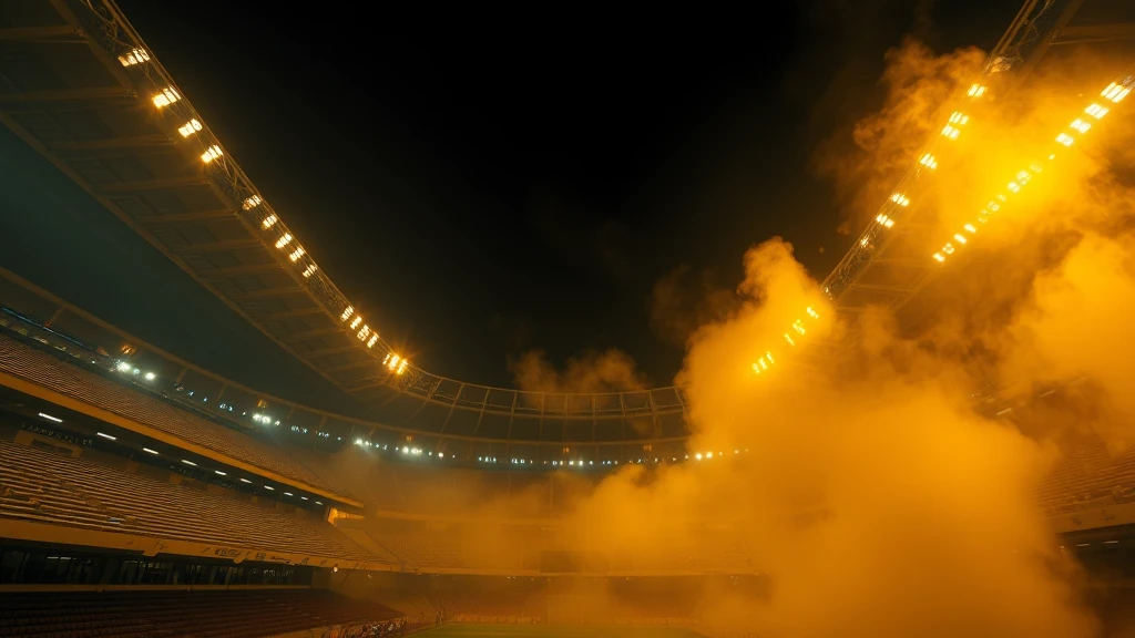 Smoke rolling across empty terraces with plain flags